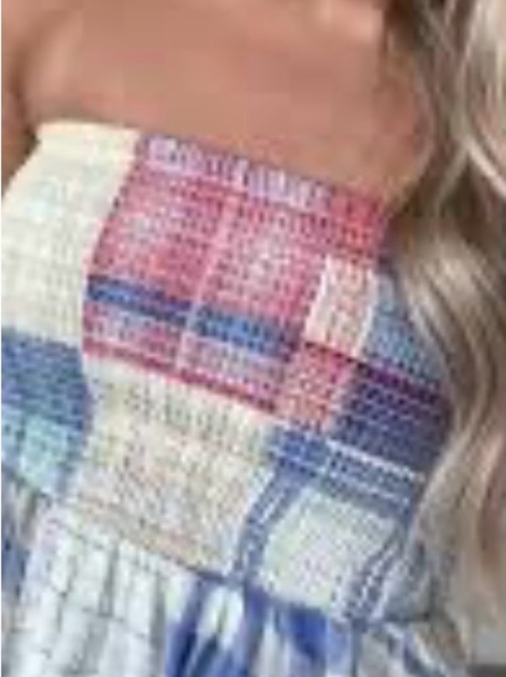 Strapless Patchwork Plaid Top - Blue, Red & Cream